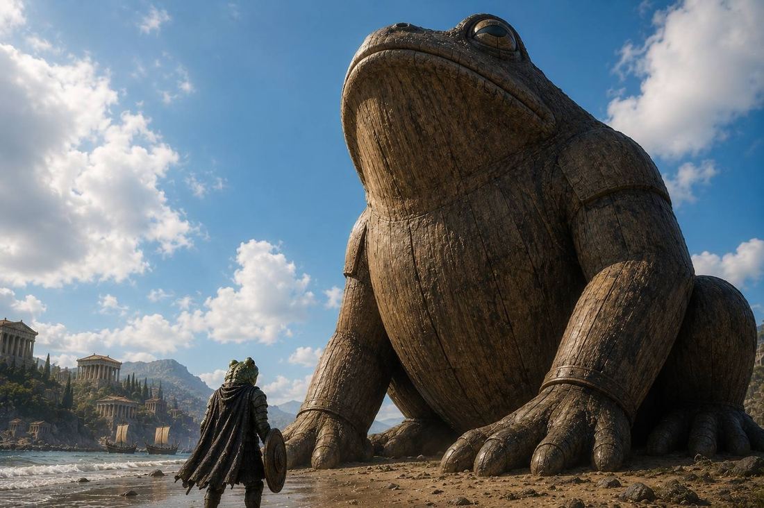 A colossal wooden frog on the shore